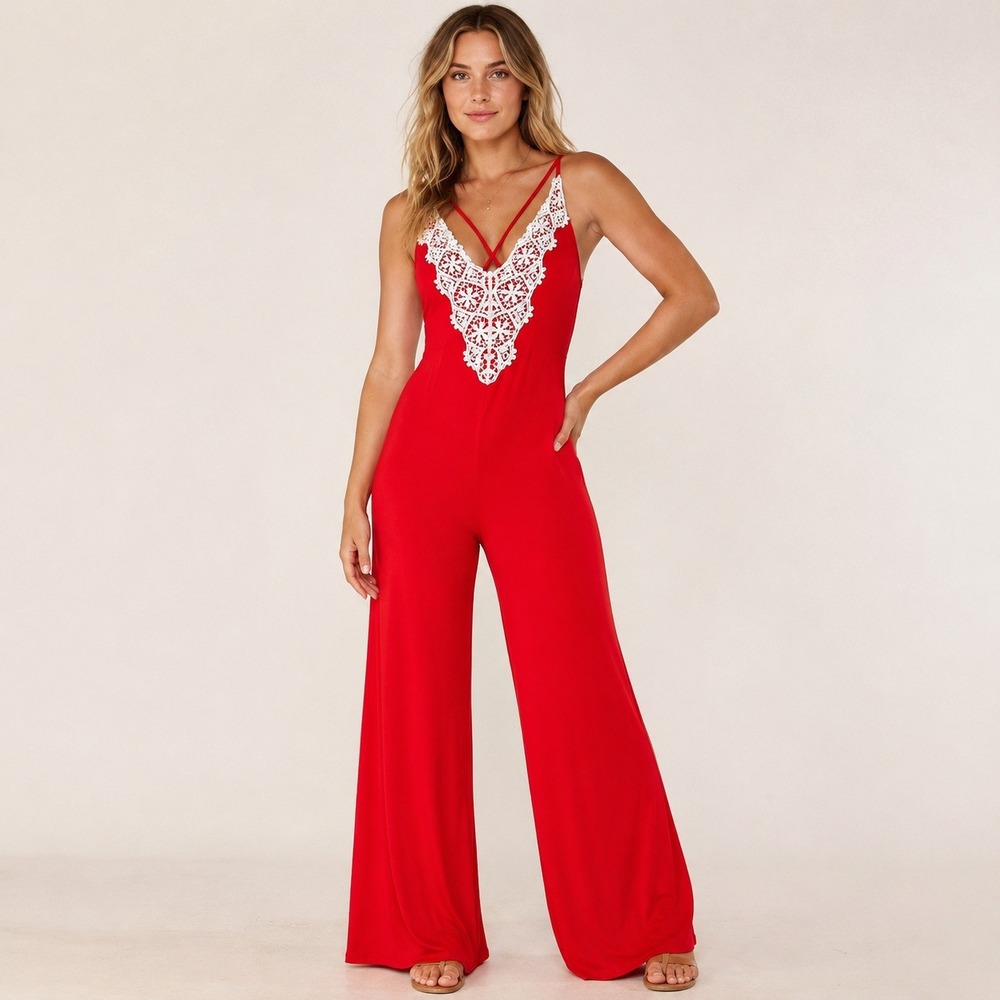 Derek Heart Crochet Lace Wide Leg Jumpsuit Red Boho Festival Small
